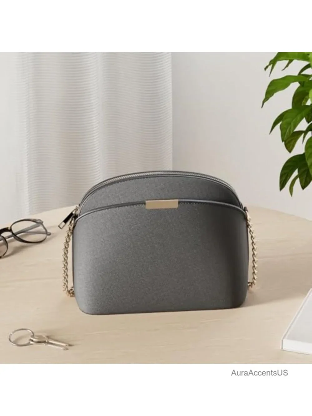 Faux Leather Saffiano Dome Crossbody with Chain Strap